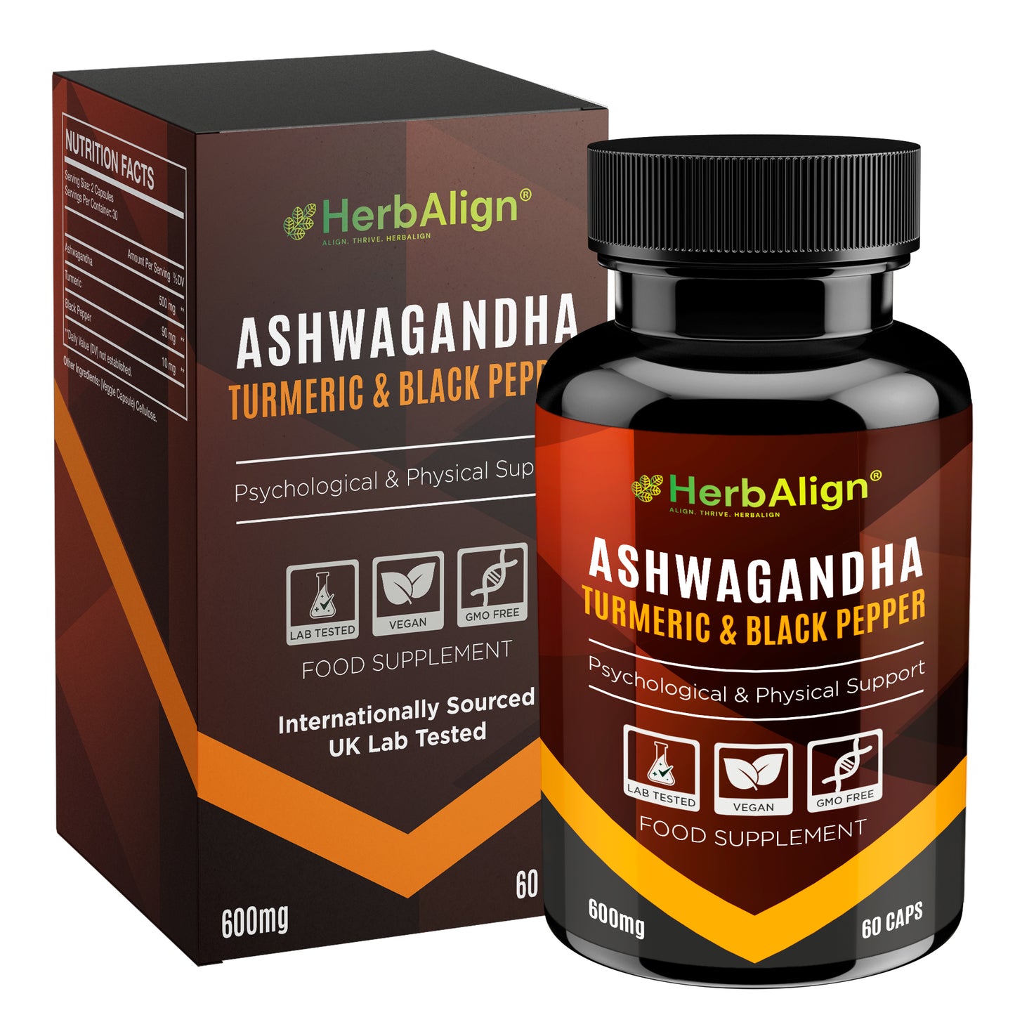 Herbalign Ashwagandha, Black Pepper & Turmeric Capsules – Natural Stress Relief, Energy Boost & Anti-Inflammatory Support