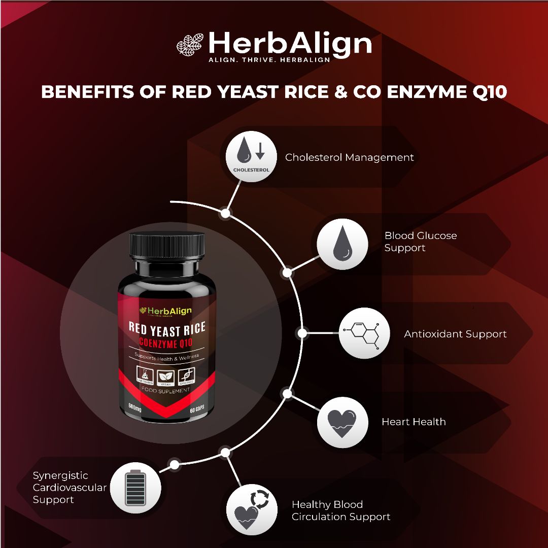 Herbalign Red Yeast Rice & Coenzyme Q10 Capsules – Organic Formula for Healthy Cholesterol, Heart Health & Cellular Energy