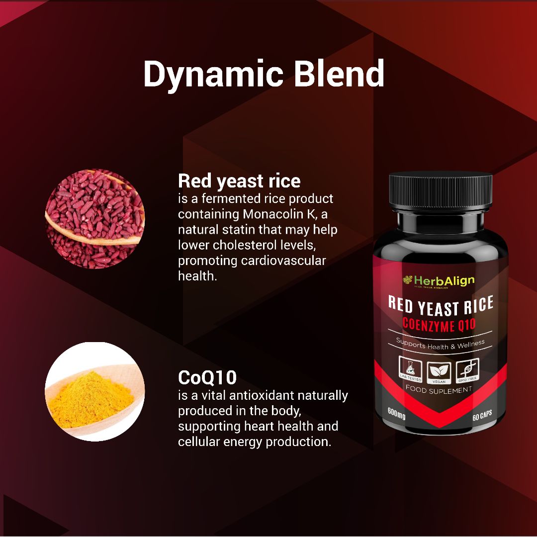 Herbalign Red Yeast Rice & Coenzyme Q10 Capsules – Organic Formula for Healthy Cholesterol, Heart Health & Cellular Energy