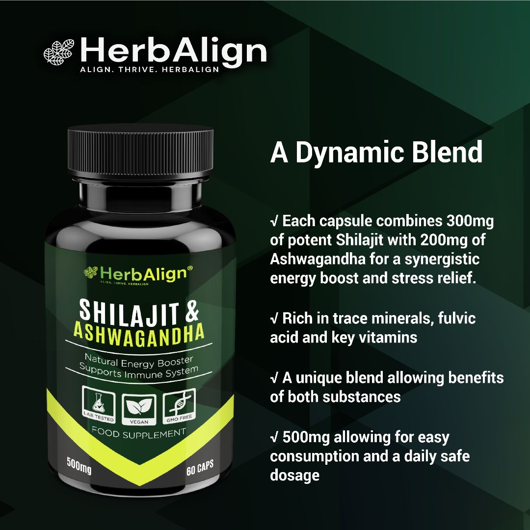 Herbalign Shilajit & Ashwagandha Capsules – Natural Vitality, Stamina & Stress Support | 1000mg High-Strength Formula