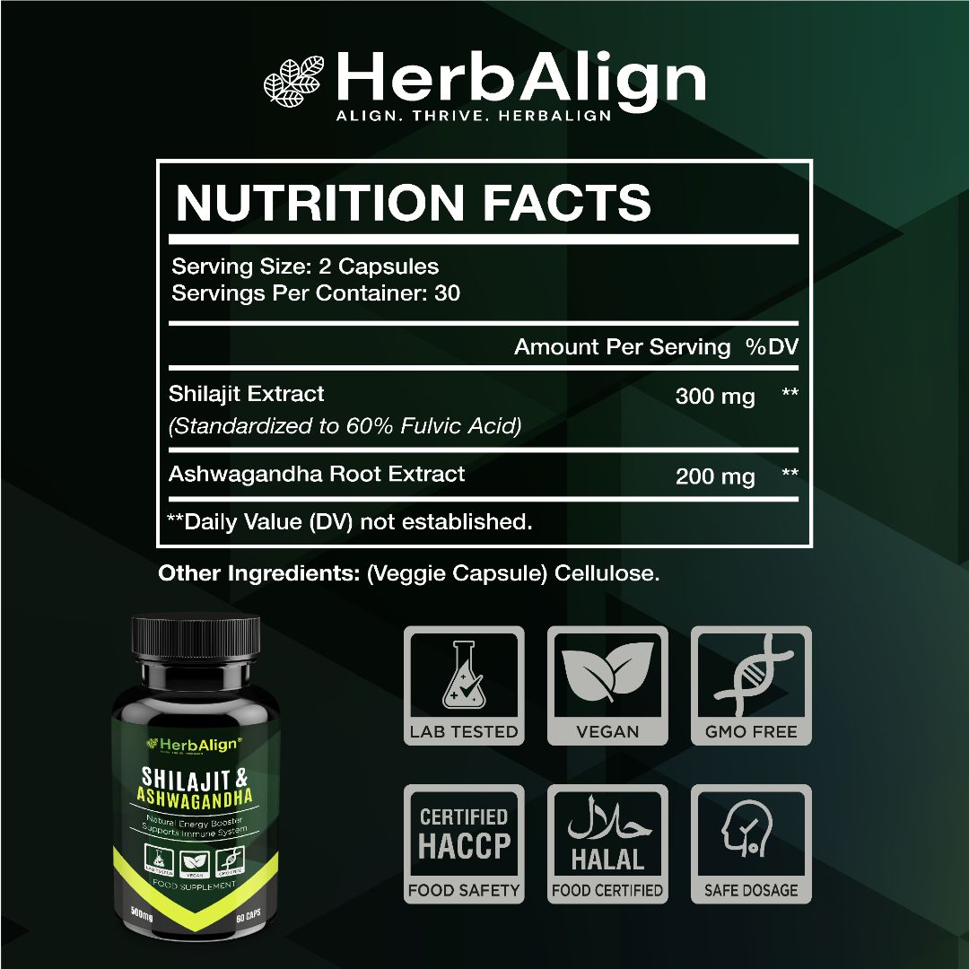 Herbalign Shilajit & Ashwagandha Capsules – Natural Vitality, Stamina & Stress Support | 1000mg High-Strength Formula