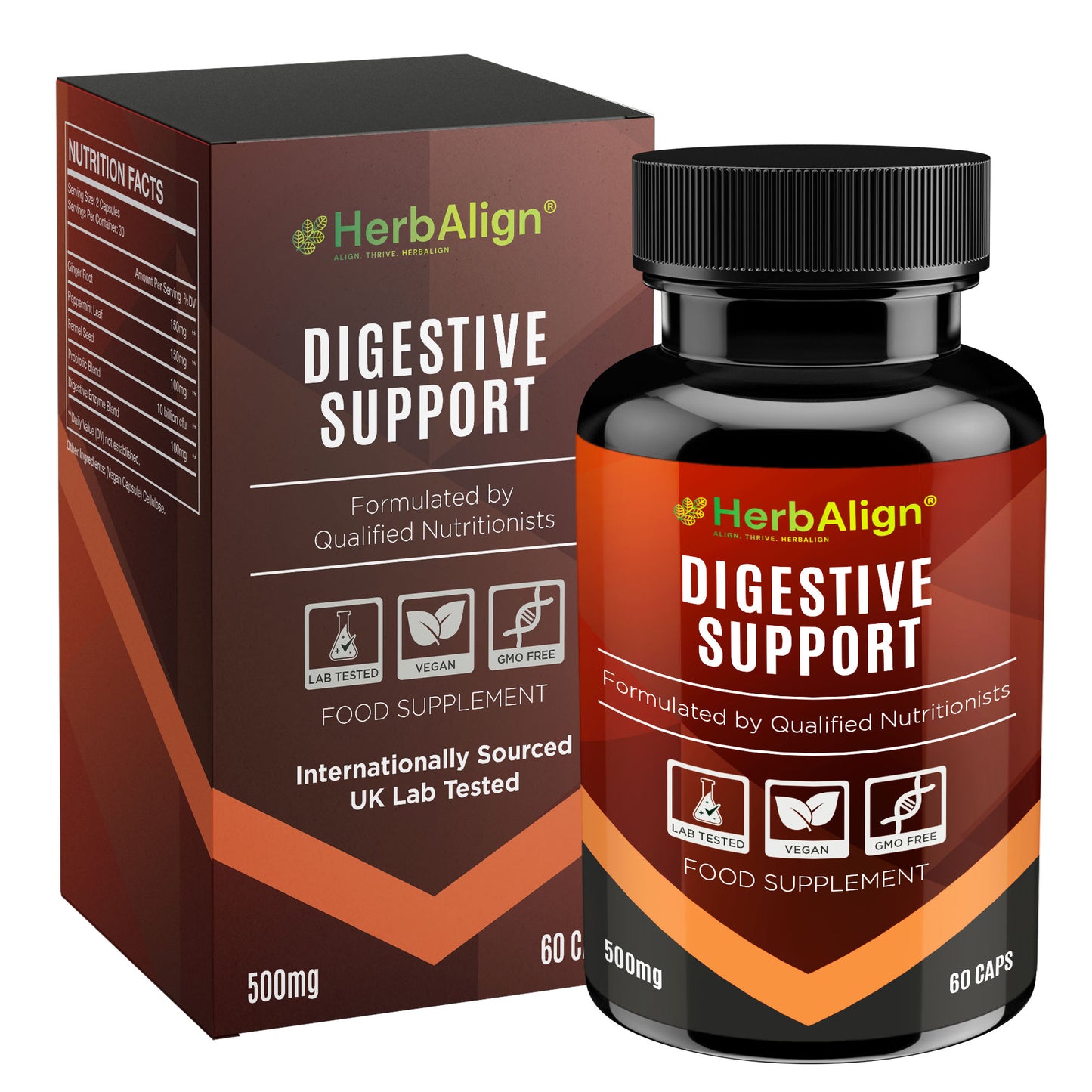 Herbalign Digestive Support Capsules – Natural Gut Health Supplement with Ginger, Peppermint, Fennel, Probiotics & Digestive Enzymes for Bloating Relief & Digestive Balance