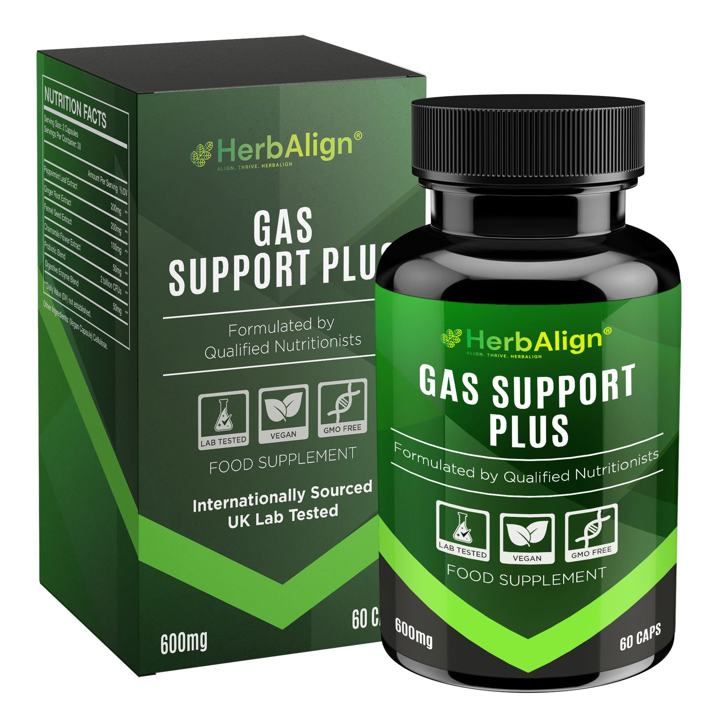 Herbalign Gas Support Plus Capsules – Natural Relief for Bloating & Digestive Health with Peppermint, Ginger, Fennel, Chamomile, Probiotics & Enzymes