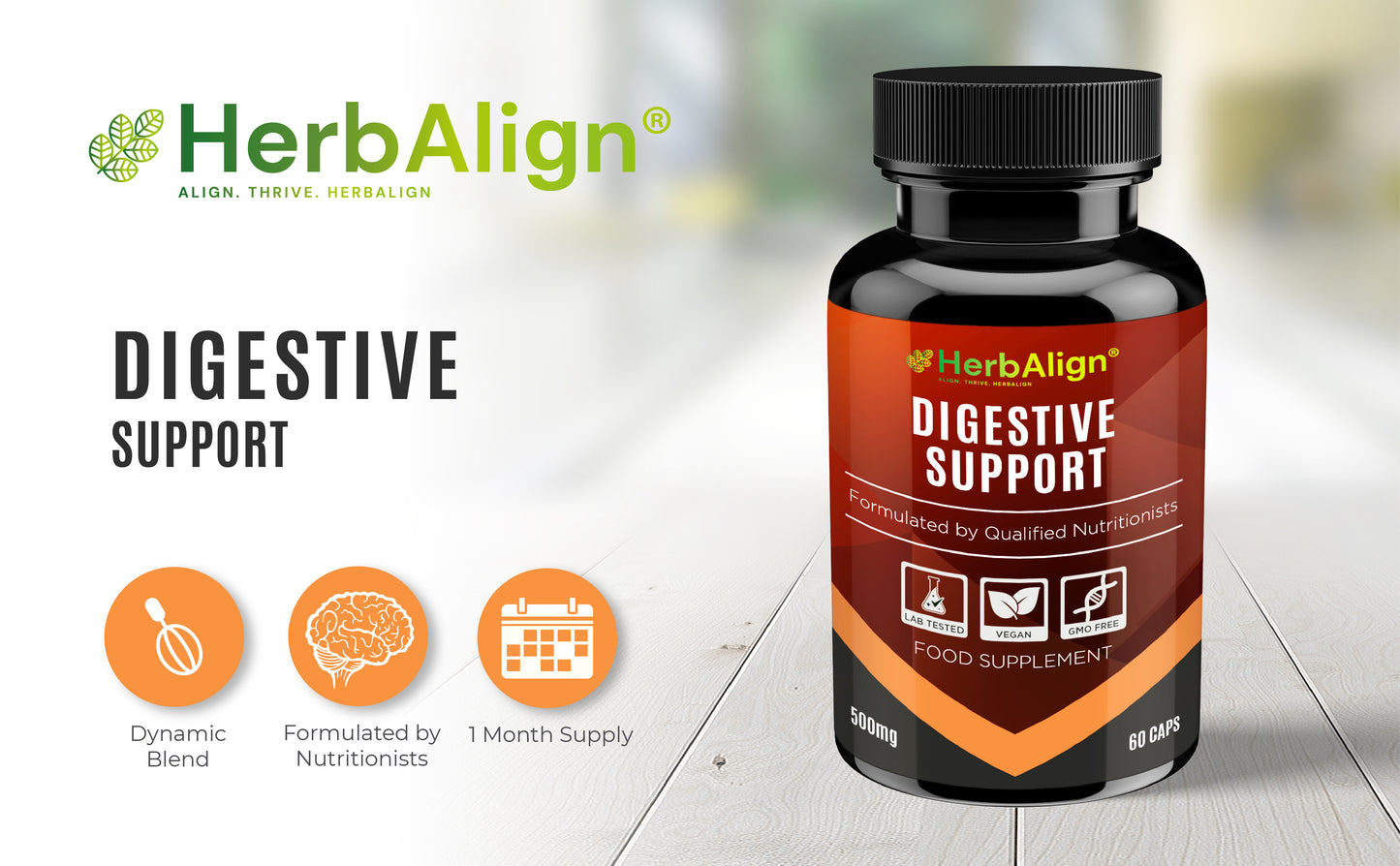 Herbalign Digestive Support Capsules – Natural Gut Health Supplement with Ginger, Peppermint, Fennel, Probiotics & Digestive Enzymes for Bloating Relief & Digestive Balance