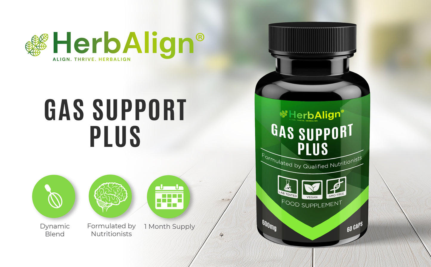 Herbalign Gas Support Plus Capsules – Natural Relief for Bloating & Digestive Health with Peppermint, Ginger, Fennel, Chamomile, Probiotics & Enzymes