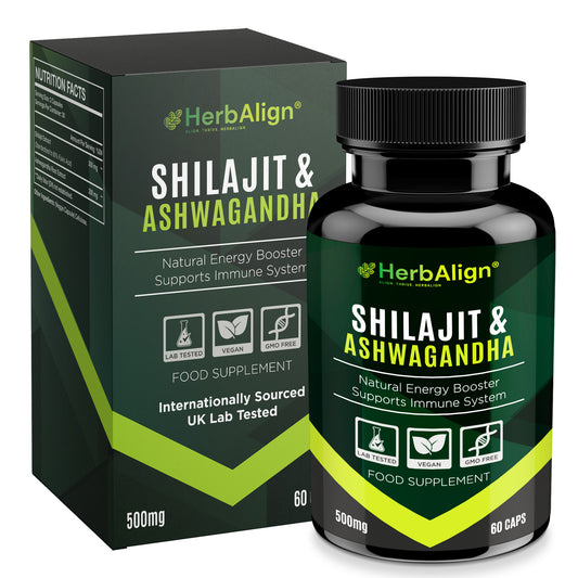 Herbalign Shilajit & Ashwagandha Capsules – Natural Vitality, Stamina & Stress Support | 1000mg High-Strength Formula